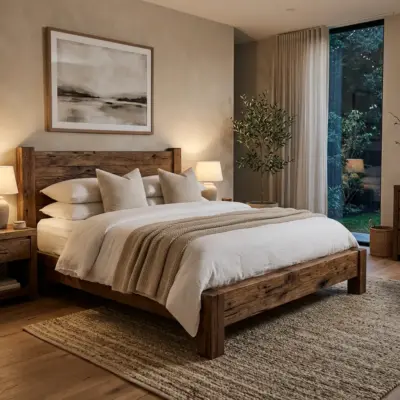 Modernes Schlafzimmer mit einem maßgefertigten Bettgestell aus massivem Bauholz.