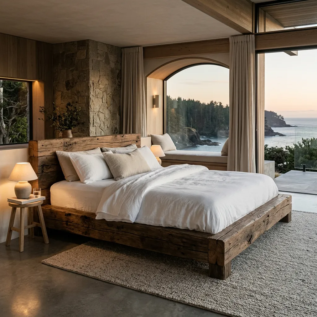 Ein massives Bett aus Altholz in einem modernen, naturverbundenen Schlafzimmer.