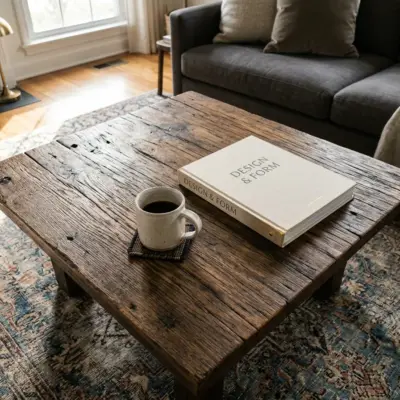 Quadratischer Couchtisch aus recyceltem Altholz in einem eleganten Wohnzimmer.