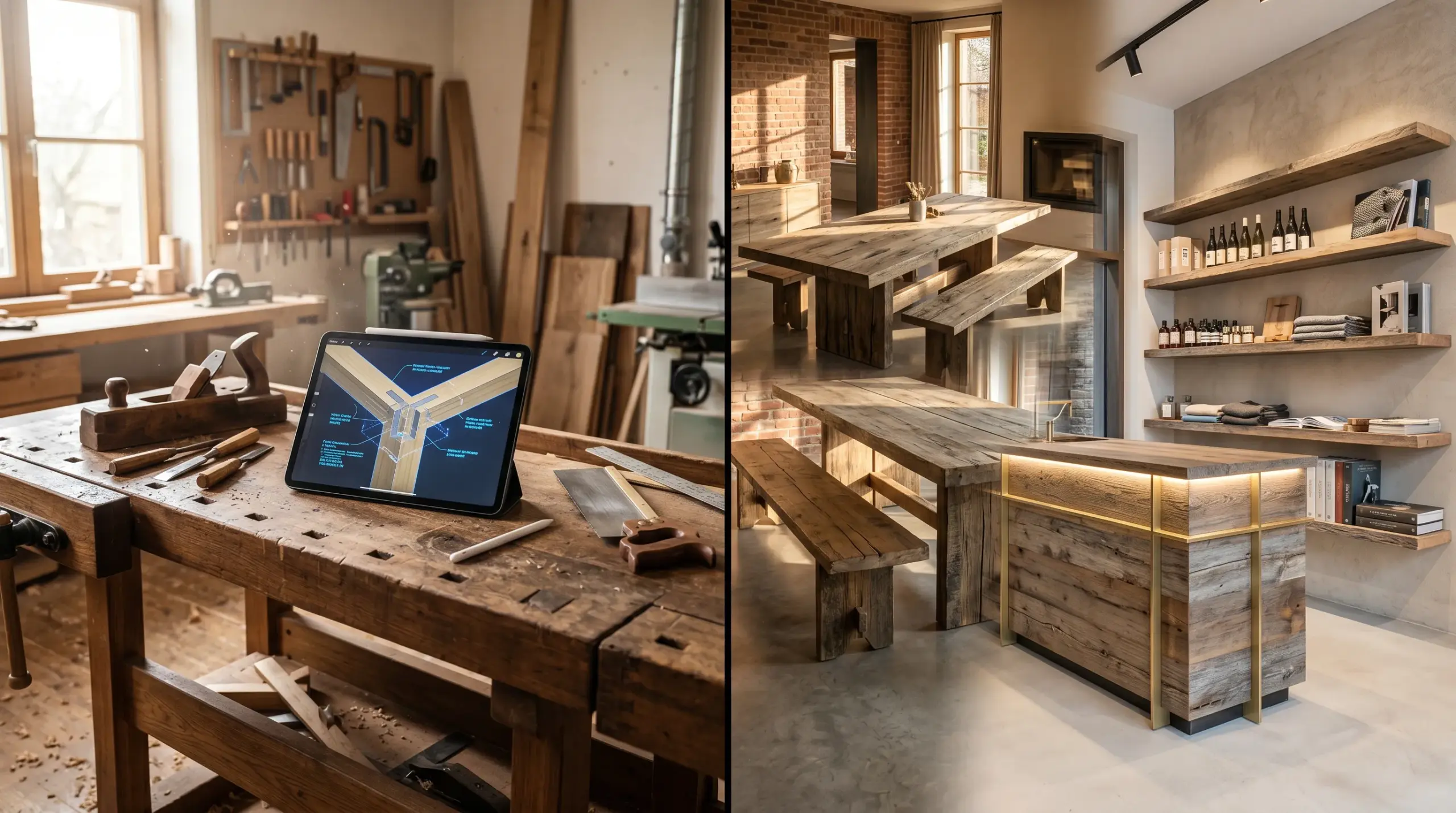 Eine Collage aus einem privaten Essbereich und einer gewerblichen Ladeneinrichtung aus Altholz von BAUHOLZ design.