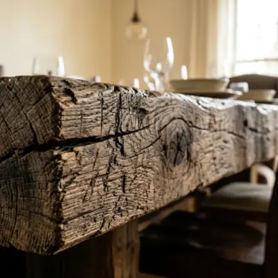 Nahaufnahme der Holzmaserung und Kante eines massiven Esstisches aus Bauholz.