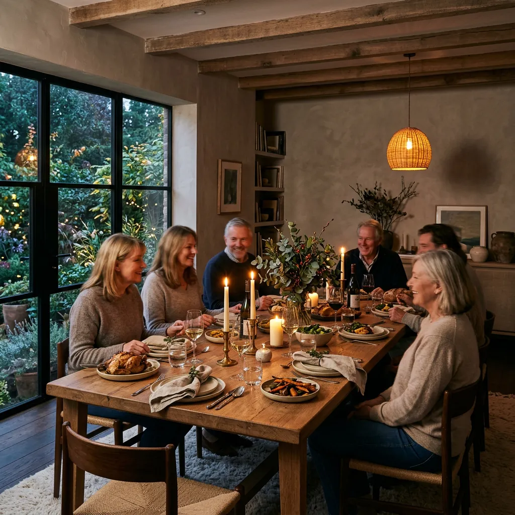 Maßgefertigter Esstisch aus massivem Bauholz in einem modernen, privaten Esszimmer.