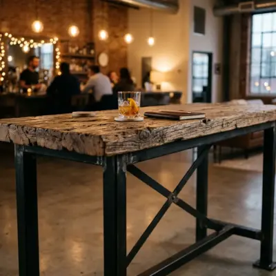 Hoher Stehtisch aus rustikalem Bauholz mit Metallgestell in einem modernen Loft.