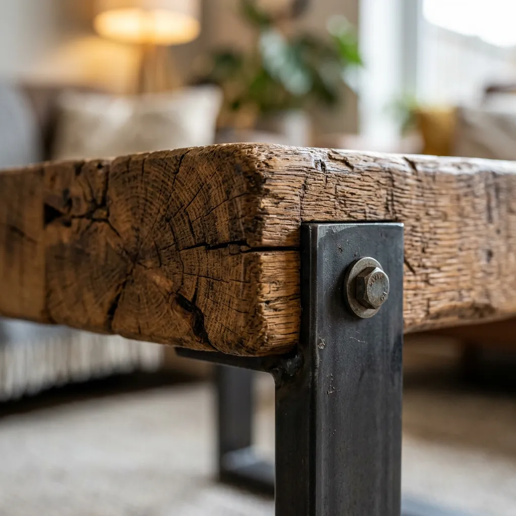 Nahaufnahme der markanten Holzmaserung und des geradlinigen Metallgestells eines Bauholz Couchtisches.