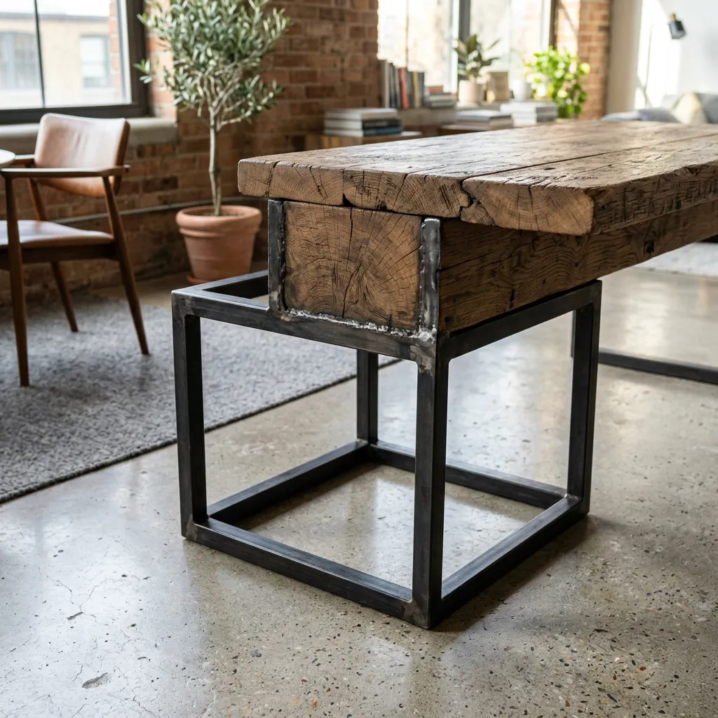 Ein eleganter Design-Tisch mit massiver Altholzplatte und einem kubischen Gestell aus Rohstahl.