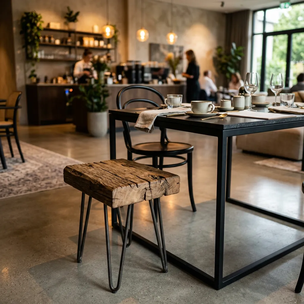 Ein solider Sitzhocker aus massivem Bauholz in einem stilvollen Restaurant oder Café.