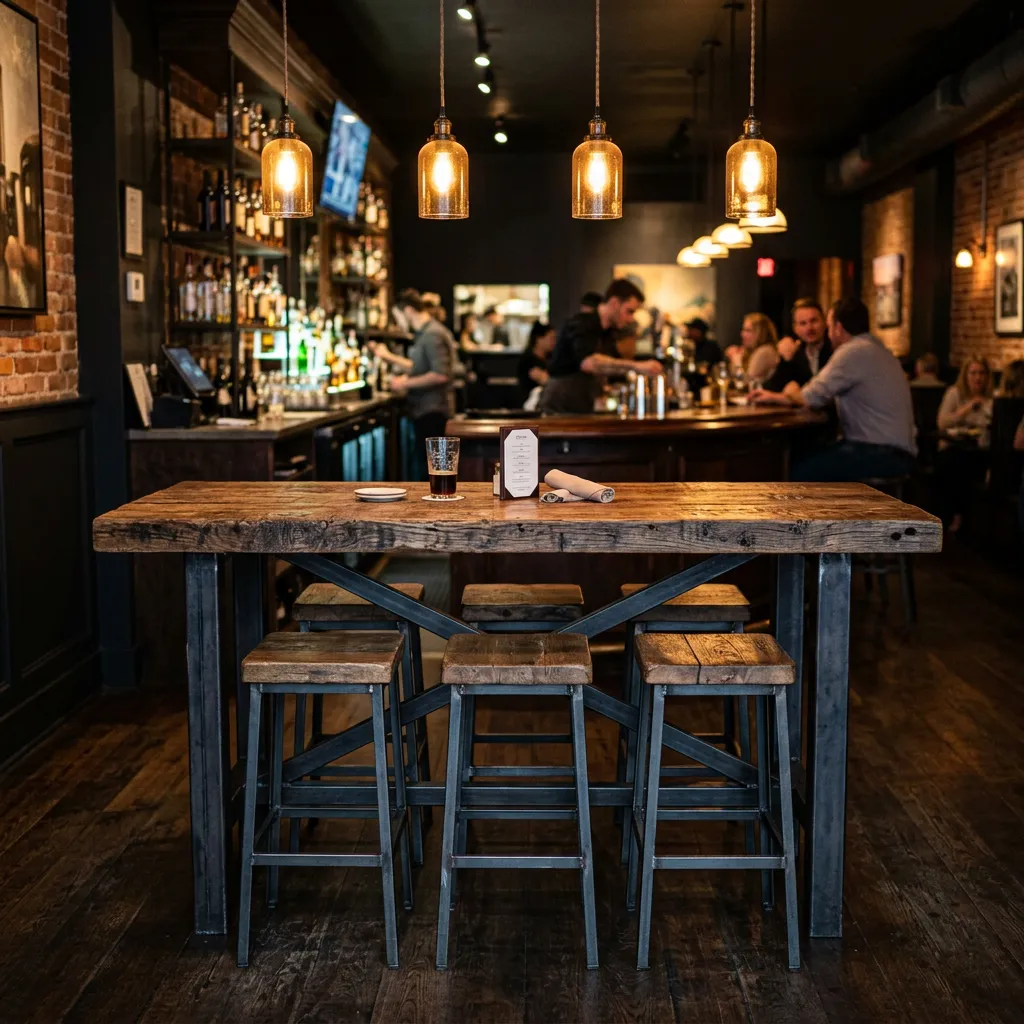 Ein stabiler Stehtisch aus Altholz und Rohstahl, kombiniert mit passenden Barhockern in einem eleganten Bistro.