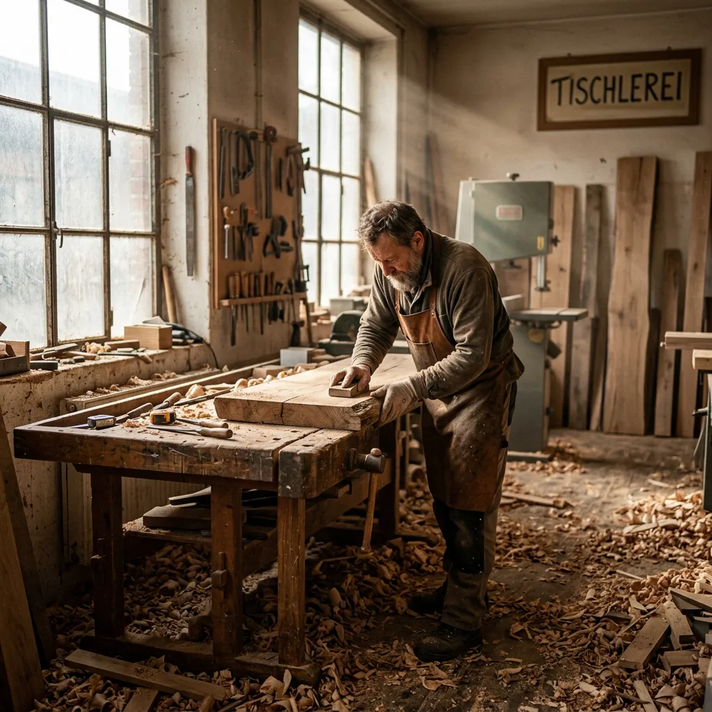 Ein erfahrener Tischlermeister bei der detailreichen Handarbeit an einem massiven Bauholzmöbelstück in der Werkstatt.