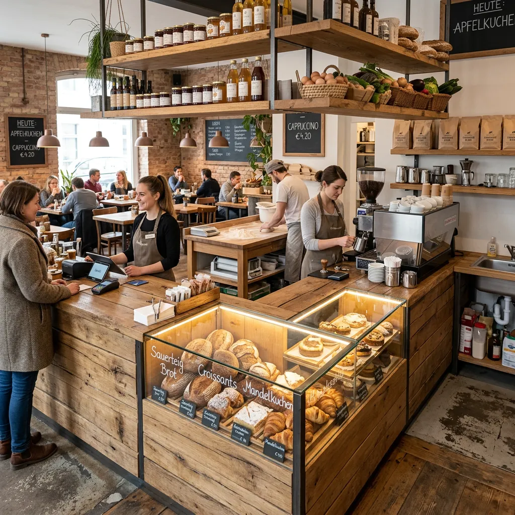 Eine maßgefertigte Verkaufstheke aus Altholz in einem stilvollen Café, integriert mit Arbeitsflächen und Produktpräsentation.