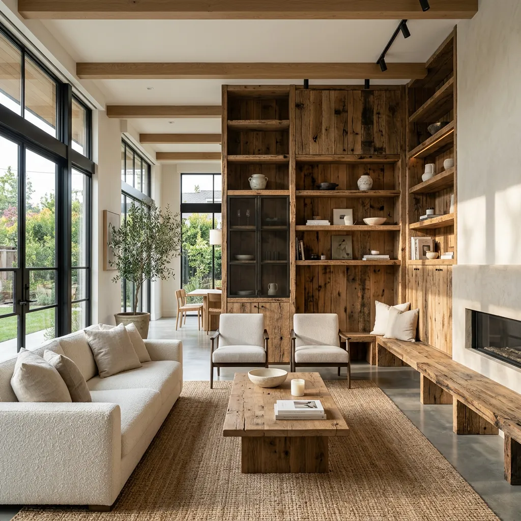 Ein minimalistisch eingerichtetes Wohnzimmer mit einem maßgefertigten, charaktervollen Design-Möbelstück aus Altholz.