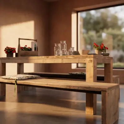 Massivholzbank und Tisch aus recyceltem Bauholz im rustikalen Showroom von BAUHOLZ design