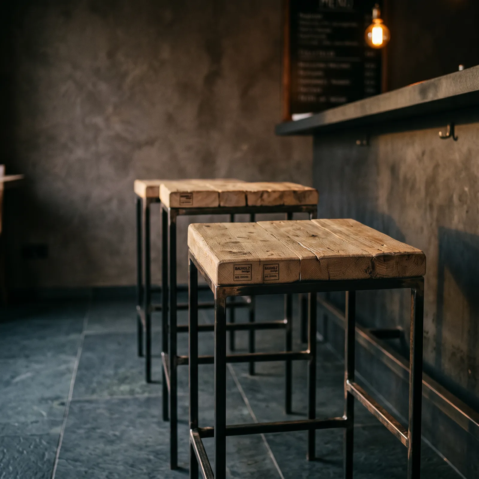 Barhocker aus Altholz mit schwarzem Metallgestell an einer modernen Bar von BAUHOLZ design