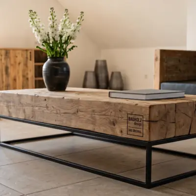 Modernes Couchtisch-Modell aus massivem Altholz mit schwarzem Metallgestell von BAUHOLZ design