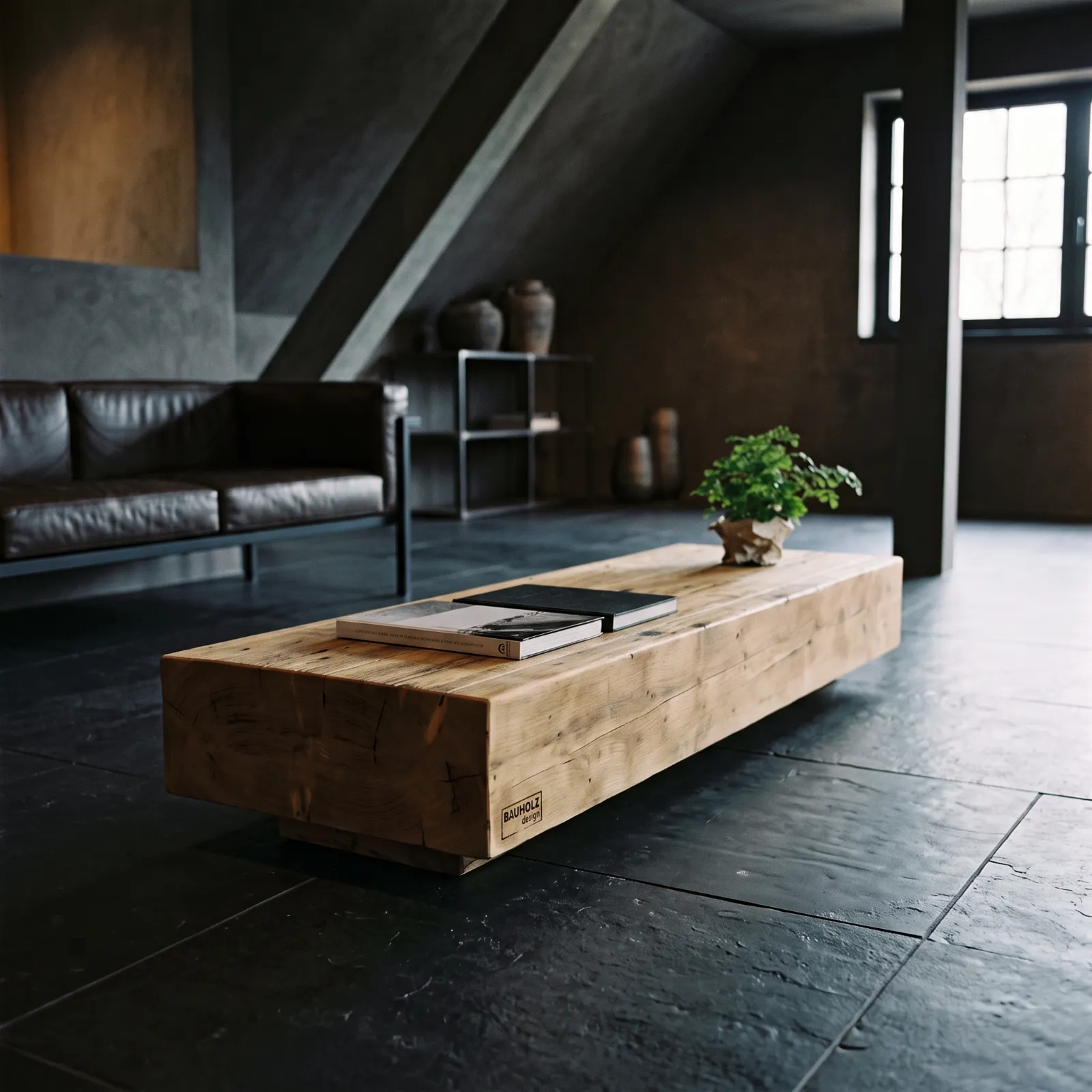 Flacher Couchtisch Modell Moe aus massivem Bauholz in einem modernen, dunklen Dachgeschoss-Wohnzimmer