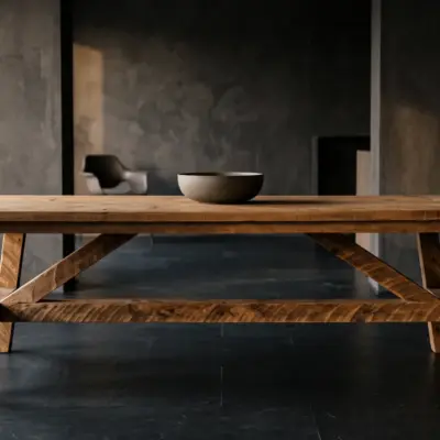Großer, massiver Esstisch aus Altholz von BAUHOLZ design in einem modernen, dunklen Esszimmer