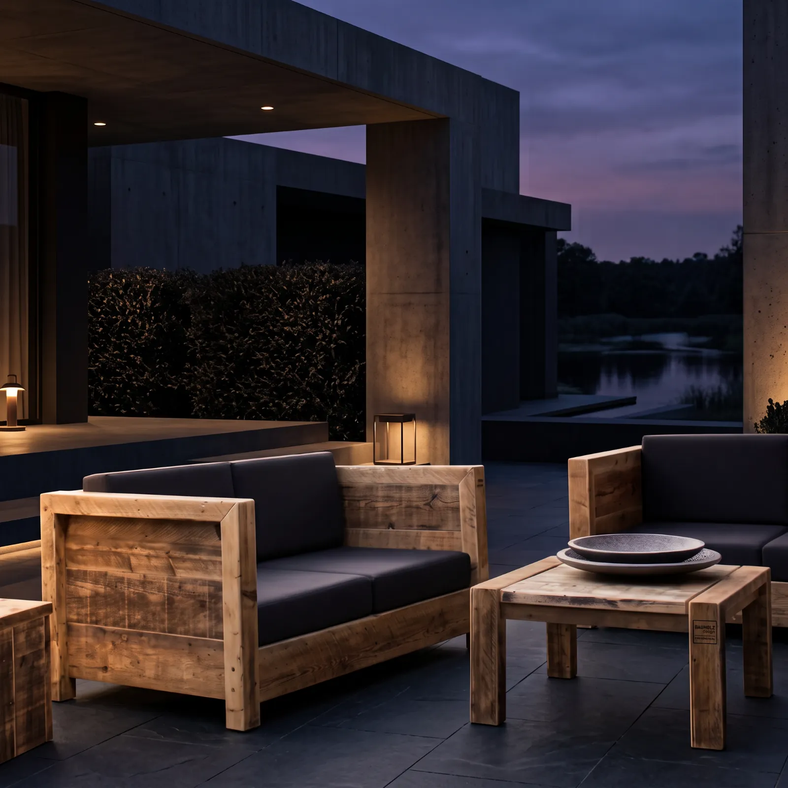 Komplettes Lounge-Set aus massivem Altholz auf einer modernen Architektur-Terrasse in der Abenddämmerung