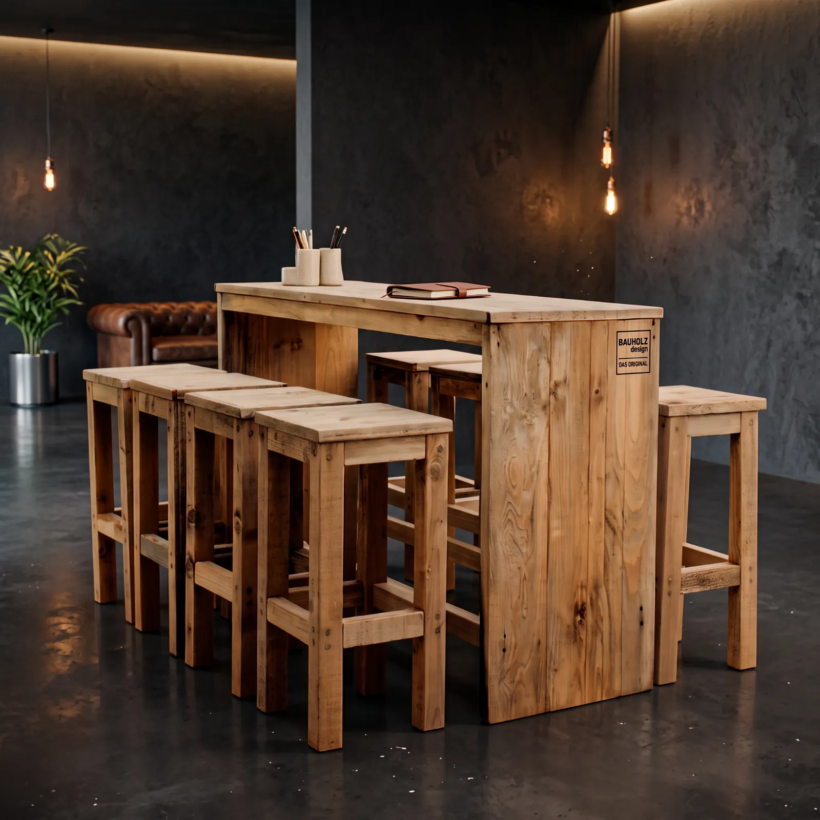 Großer Stehtisch aus massivem Altholz mit passenden Hockern in einer modernen, dunklen Büro-Lounge